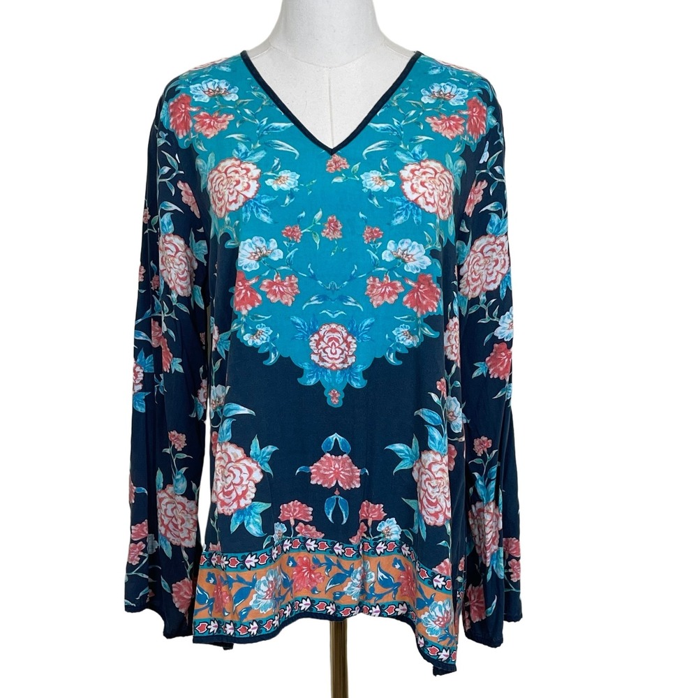 Tolani Collection Floral V-Neck Blouse Womens M Blue Boho Peasant Romantic
